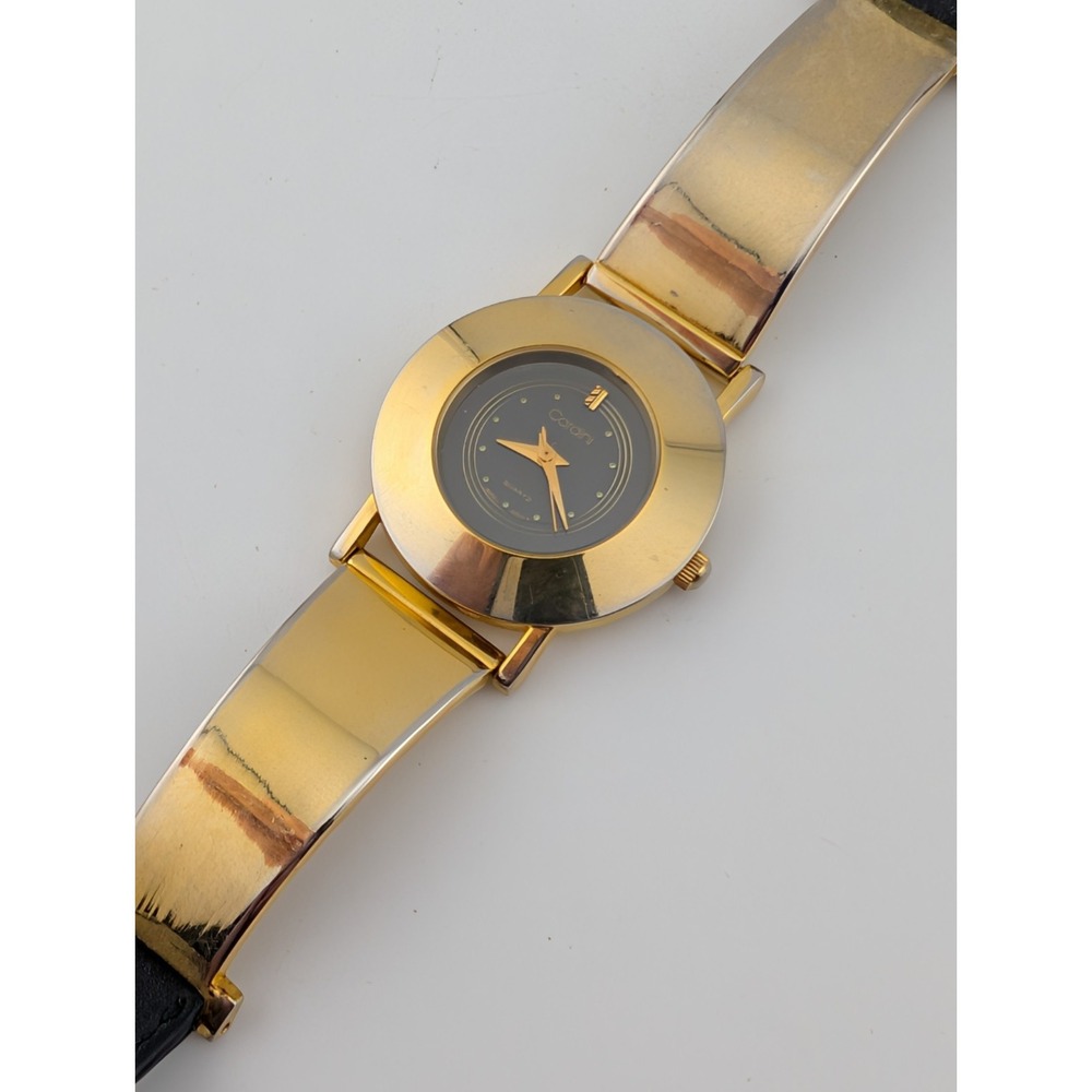 Vintage Cardini Watch Women 30mm Case Gold & Black Leather Band- New Battery